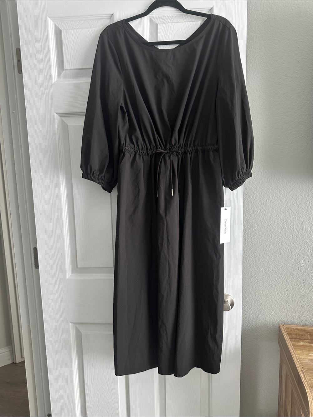 Calvin Klein Black Long-Sleeve Drawstring-Waist Midi Dress